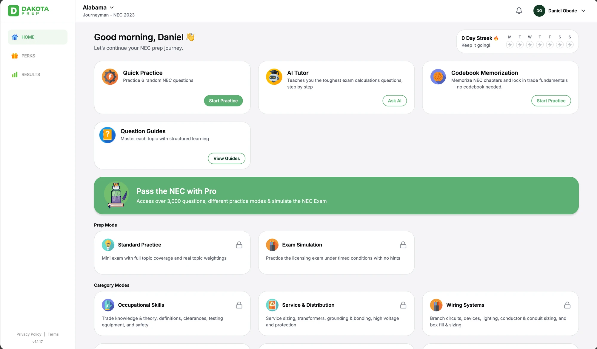 Dakota Prep study dashboard with quick practice, AI tutor, question guides, and exam preparation modes.